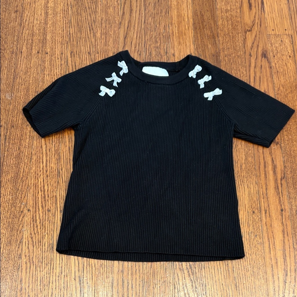 Zara Kids Black Ribbed Sweater Top with‎ White Velvet Bows - Girls size 12 - 13